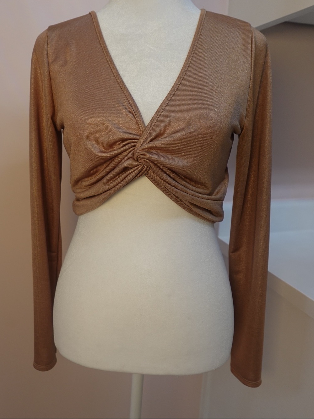 Charlotte Russe Metallic Rose gold bronze Twist-Front Long Sleeve Crop Top